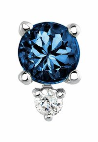 Pendiente de gema azul con una gran piedra corte redondo y una piedra pequeña de corte redondo transparente, montadas en un hardware de tono plateado.