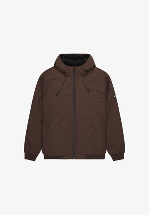 Giacca cappuccio marrone con zip frontale, cordini nel cappuccio, tasche laterali, polsini elasticizzati e una patch con logo sulla manica sinistra.