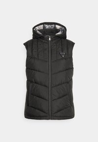 Schwarze Puffweste mit Kapuze, ausgestattet mit einem Front-Reißverschluss, einem Chevron-Steppdesign und einem Logo auf der Brust. Glattes, isoliertes Material.