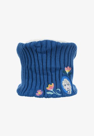 Cuello de punto acanalado azul con forro blanco. Presenta flores bordadas y un gráfico de un personaje, añadiendo color y detalle.