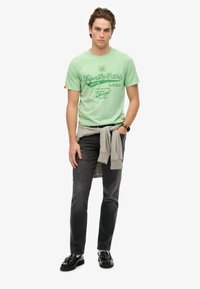 Jasnozielona koszulka z czarną grafiką, szary sweter związany w pasie, ciemnoszare dżinsy i czarne buty. Gładkie białe tło.