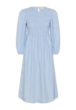 Vestido midi azul claro con mangas largas abullonadas, corpiño fruncido, escote redondo y falda fruncida.