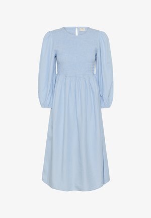 Vestido midi azul claro con mangas largas abullonadas, corpiño fruncido, escote redondo y falda fruncida.