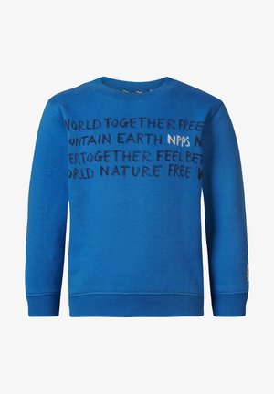 Sweat-shirt bleu col rond avec un texte noir et blanc incluant des mots comme "MONDE", "ENSEMBLE", "TERRE" et "NATURE" sur la poitrine.