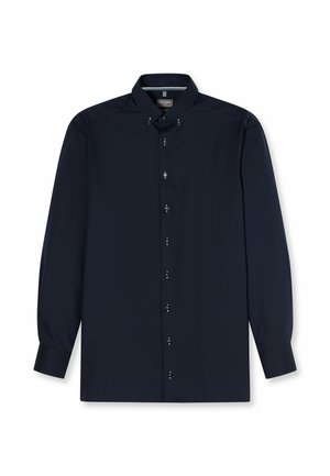 Donker marineblauw overhemd met lange mouwen, knoopsluiting, knoopkraag, borstzak aan de voorkant en knoopmanchetten.