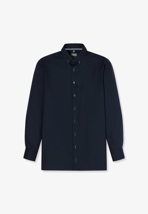 Dunkel marineblaues, langärmliges Hemd mit Knopfleiste, Button-Down-Kragen, Brusttasche und geknöpften Manschetten.