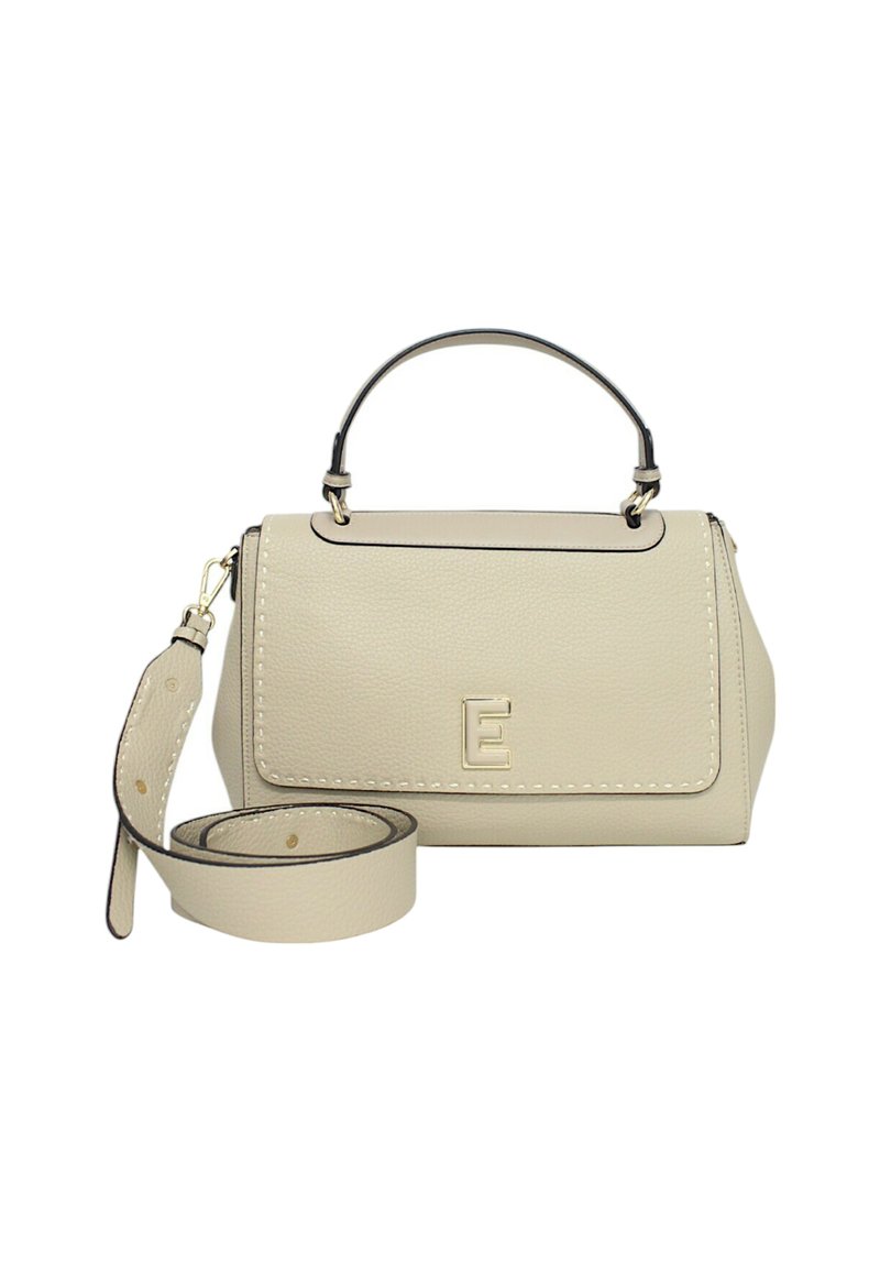 Borsa in pelle beige con un design strutturato, manico superiore e tracolla removibile. Presenta una lettera "E" in rilievo sul davanti.