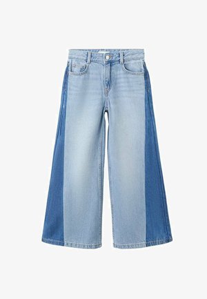 Svetlomodré rifľové nohavice s širokými nohavicami rôznych odtieňov, s vysokým pásom, prednými vreckami a skráteným lemom. Výrazný dvojfarebný dizajn.