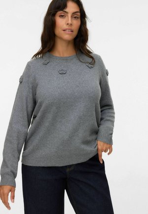 Grau gestrickter Pullover mit Rundhals, langen Ärmeln und dekorativen Rosenapplikationen auf den Schultern. Weiche Textur und lässiges Design.