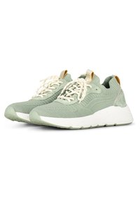 Green knitted sneakers with white rubber soles, featuring beige laces and a gold accent at the heel. Textured upper for comfort.