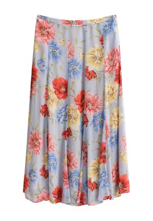 Lichtblauwe A-lijn rok met een bloemenpatroon in rood, roze, geel en blauw, en subtiele groene blaadjes.
