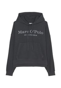 Donkergrijze hoodie met voorzak, trekkoorden en gedrukt logo "Marc O’Polo EST. IN STOCKHOLM" in lichtgrijs. Zachte, casual stof.