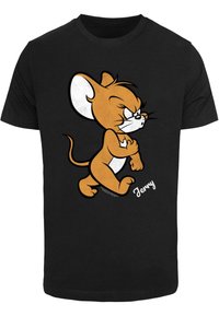 Camiseta de algodón negra con un personaje de dibujo animado, un ratón marrón con detalles blancos y el nombre "Jerry" impreso en un estilo de escritura blanca.