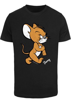 Sort bomuld t-shirt med en tegneseriefigur, brun mus med hvide accenter, og navnet "Jerry" trykt i hvid skrift.