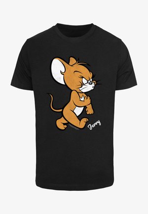 Camiseta de algodón negra con un personaje de dibujo animado, un ratón marrón con detalles blancos y el nombre "Jerry" impreso en un estilo de escritura blanca.