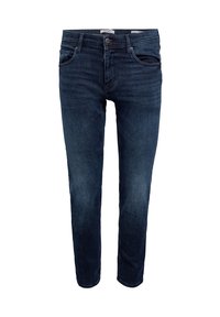 Mörkblå denimjeans med slim fit, utrustad med fem fickor, kontrasterande sömmar och minimal blekning. Metallknappstängning vid midjan.