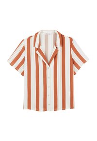 Camicia a maniche corte con bottoni, caratterizzata da righe verticali alternate in color ruggine e bianco, con colletto e una texture di tessuto liscia.