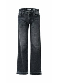 Jeans de pierna ancha en gris oscuro, fabricados en denim. Cuenta con un diseño de cinco bolsillos, lazos para cinturón y un dobladillo sin terminar en la parte inferior.