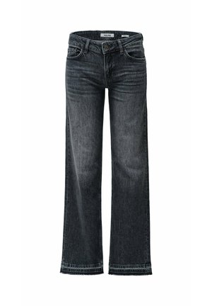 Donkergrijze, wijdvallende jeans van denim. Beschikt over een vijf-pocket ontwerp, riemlussen en een ruwe zoom aan de onderkant.