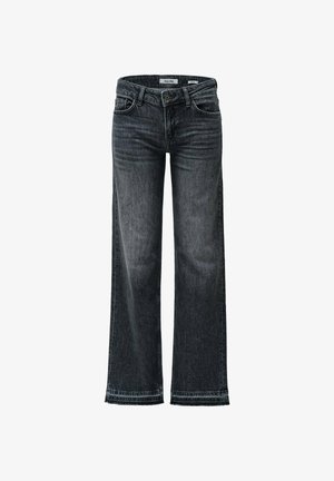 Dunkelgraue, weit geschnittene Jeans aus Denim. Verfügt über ein Fünf-Taschen-Design, Gürtelschlaufen und einen rohen Saum am unteren Ende.