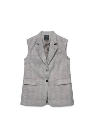 Blazer gris à carreaux sans manches avec revers crantés, deux poches avant à rabat, deux boutons et une doublure intérieure lisse.