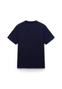 Navy blue cotton t-shirt with short sleeves, a crew neck, smooth texture, and no visible logos or patterns on the back view.