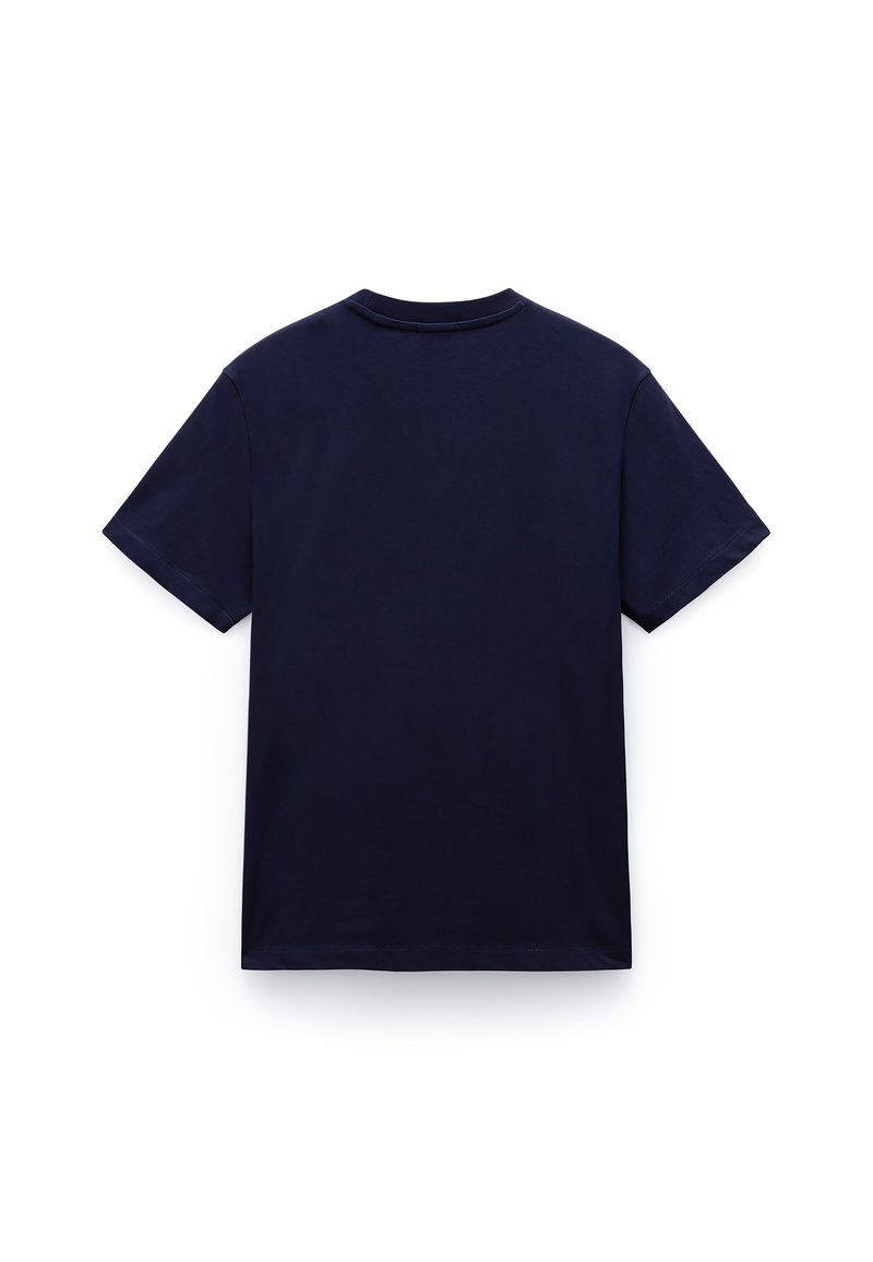 Maglietta in cotone blu navy con maniche corte, colletto a giro, superficie liscia e senza loghi o motivi visibili nella vista posteriore.