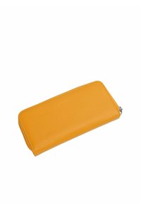 Yellow zip-around wallet made from textured synthetic material. Rectangular shape with smooth edges and a silver zipper accent.