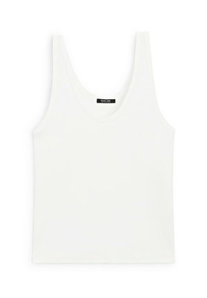 Weißes ärmelloses Damen-Tanktop mit Rundhalsausschnitt, aus glattem Stoff gefertigt, Etikett im hinteren Halsausschnitt eingenäht.