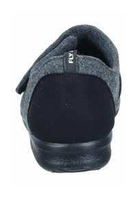 Back view of a gray and black slipper with a textured sole and a fabric pull tab labeled "FLY" on a white background.