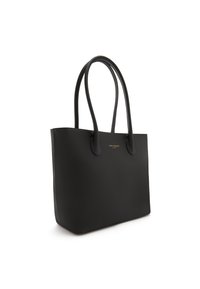 Schwarze Ledertasche mit zwei langen Griffen, glatte Textur, minimalistisches Design, mit dezentem Branding auf der Vorderseite.