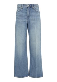 Light blue wide-leg jeans with a faded wash, made of denim. Features a high waist, five-pocket design, and a zip fly with button closure.