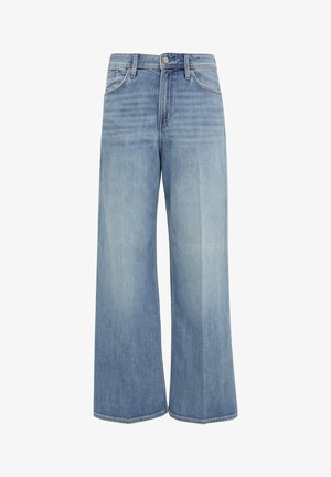 Gaiši zili platā kāju džinsi ar izbālējušu apdari, izgatavoti no denima. Iezīmē augstu vidukli, piecu kabatu dizainu un rāvējslēdzēja aizdari ar pogu.