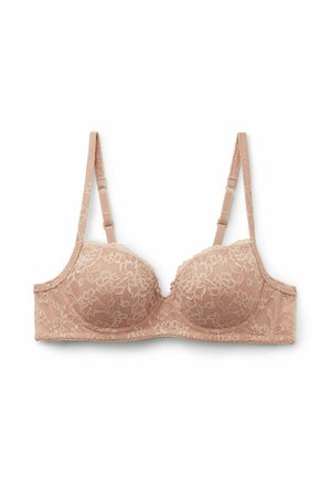 Telová krajková podprsenka s květinovým vzorem, vycpanými košíčky, nastavitelnými ramínky a kosticemi, na bílém pozadí.