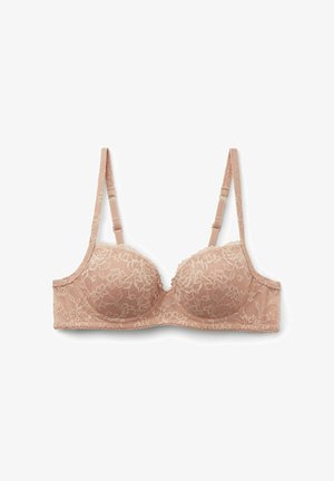 Nude Spitzen-BH mit Blumenmustern, gepolsterten Cups, verstellbaren Trägern und Bügelstütze vor weißem Hintergrund.