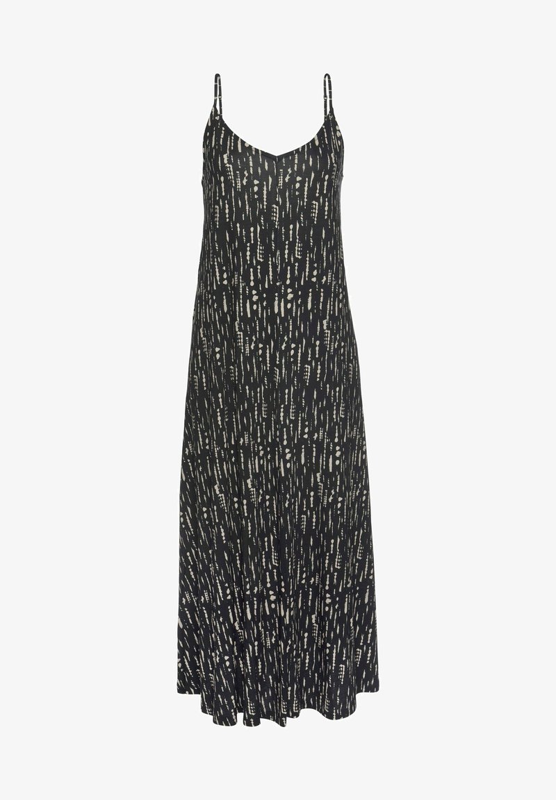 Robe maxi noire sans manches avec un décolleté en V et un motif abstrait beige texturé, dotée de fines bretelles et d'un tissu fluide et léger.