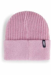 Gorro de lana rosa de punto con textura acanalada, que presenta un dobladillo y una pequeña etiqueta negra con texto blanco en el lateral.