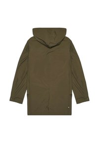 Olivgrüner, wasserdichter Parka mit Kapuze, Druckknopfmanschetten, langen Ärmeln und einer glatten, matten Oberfläche. Einfaches Design ohne sichtbare Verzierungen.