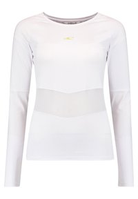 Langarm sportshirt in het wit met een semi-transparante mesh inzet bij de taille. Beschikt over een ronde halslijn en een logo in geel.