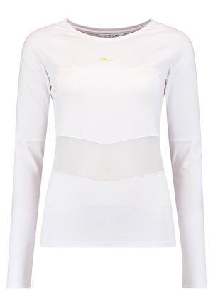 Camiseta atlética de manga larga en blanco con un panel de malla semitransparente en la cintura. Presenta un cuello redondo y un logo en amarillo.