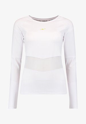 Langärmliges Sportoberteil in Weiß mit einem halbtransparenten Mesh-Einsatz in der Taille. Verfügt über einen runden Halsausschnitt und ein gelbes Logo.