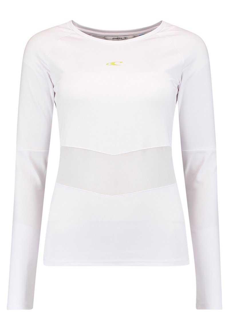 Langarm sportshirt in het wit met een semi-transparante mesh inzet bij de taille. Beschikt over een ronde halslijn en een logo in geel.