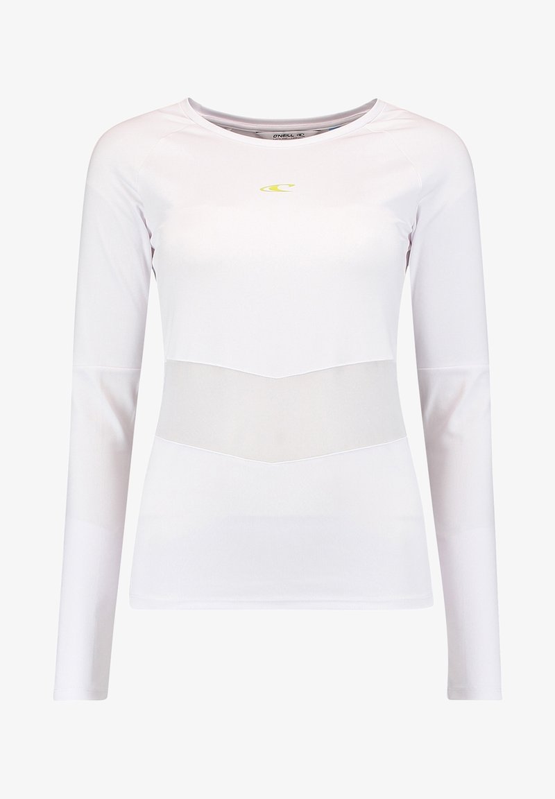 Langarm sportshirt in het wit met een semi-transparante mesh inzet bij de taille. Beschikt over een ronde halslijn en een logo in geel.