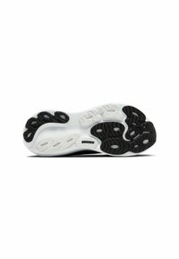 Sole di scarpa sportiva in bianco e nero con gomma testurizzata, motivi di battistrada unici e dettagli del logo sul lato laterale.