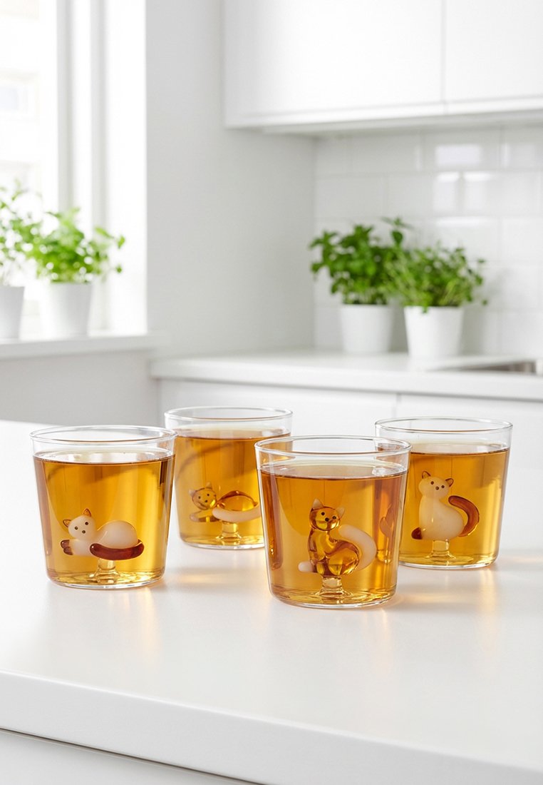 Cztery przezroczyste szklanki wypełnione bursztynowym płynem, z każdą zawierającą małą szklaną figurkę kota, na białym blacie kuchennym.