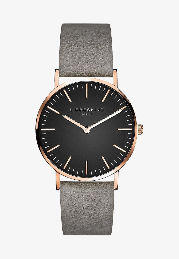 Montre-bracelet avec cadran noir, boîtier en or rose, bracelet en cuir gris, index des heures minimalistes et aiguilles indiquant 10h09.
