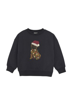 Mörkblå sweatshirt med en mops iförd en röd tomteluva, prydd med ett julbelysningsmönster. Tillverkad av mjukt tyg med ribbade muddar.