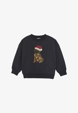 Mörkblå sweatshirt med en mops iförd en röd tomteluva, prydd med ett julbelysningsmönster. Tillverkad av mjukt tyg med ribbade muddar.