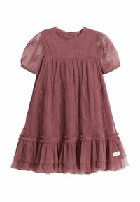 Kurzärmliges, geschichtetes Kleid in verblasstem Rosaton mit Blumenstickerei, Rundhalsausschnitt und gerafftem Saum. Hergestellt aus Tüll und weichem Stoff.