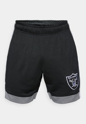 Juodi tinkliniai sportiniai šortai su pilka juosta ir apvadu. Kairėje kojoje yra baltas logo "Raiders". Kvėpuojantis audinys.